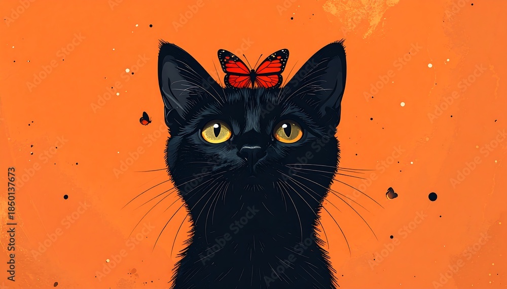 Obraz premium A black feline, gazing serenely, wears a butterfly atop its head. The vibrant composition features an orange background with other butterflies