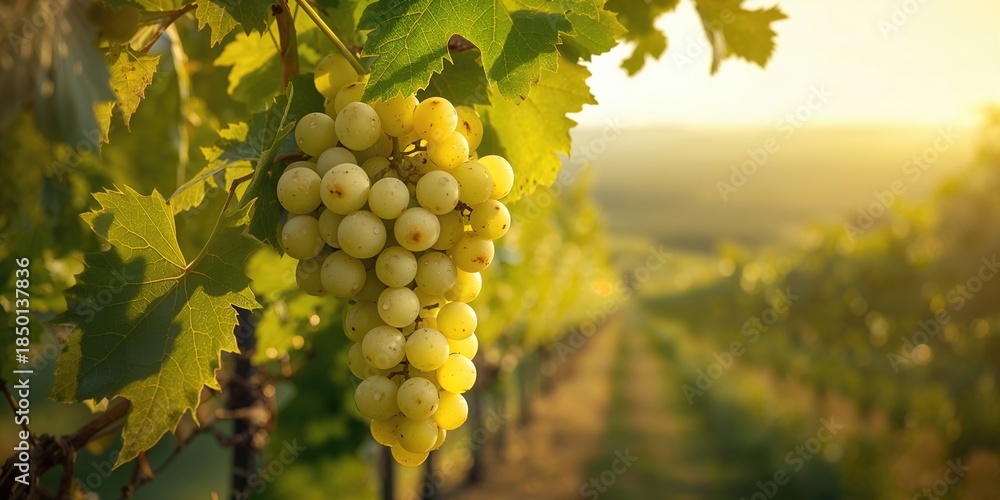 Fototapeta premium White grapes growing in a vineyard, emphasizing agricultural labor during the harvest season