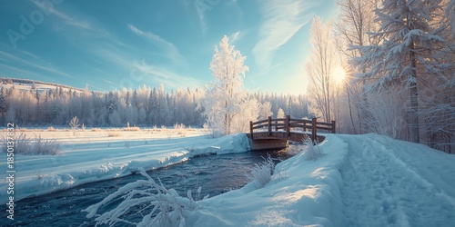 Valokuva Urban winter scene featuring a wooden bridge under bright sunlight, highlighting
