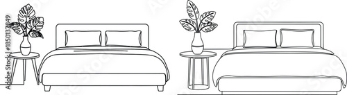 Bedroom Interior Line Art Featuring Two Beds, Nightstands, and Potted Plants, Minimalist Design