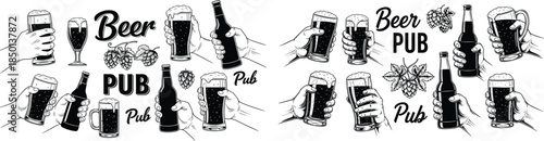 Beer and pub monochrome collection with hand holding glasses and bottles design