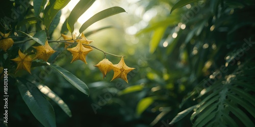 Fototapeta Naklejka Na Ścianę i Meble -  Star fruits ripening on a garden tree branch, emphasizing fresh fruit harvesting and tropical agriculture