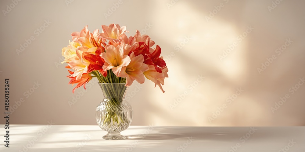 Fototapeta premium Bright pastel freesia bouquet in a glass vase floral decoration for seasonal celebration, World Flower Day