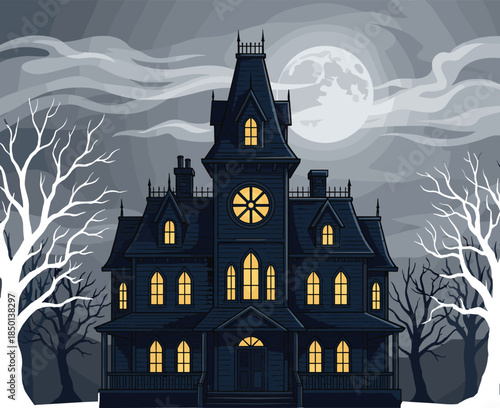 Spooky Victorian Mansion at Night with Full Moon and Bare Trees haunted house gothic