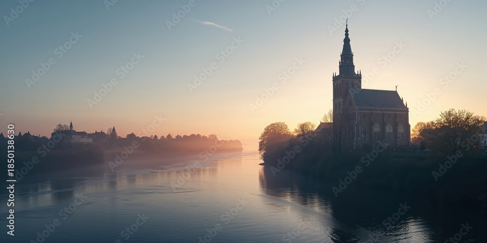 Fototapeta premium Gothic church during early morning hours beside a waterway, ideal for architectural layouts