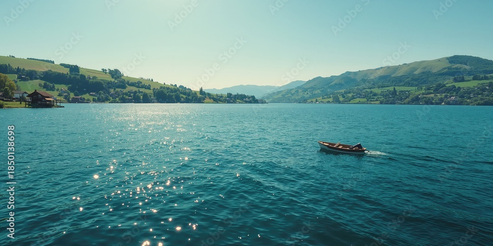 Naklejka premium Vast panorama of Lake Lucerne with mountain backdrop, suitable for nature-themed backgrounds, World Environment Day