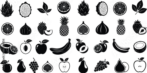 Black and white fruits seamless pattern with dragon fruit, banana, and strawberry