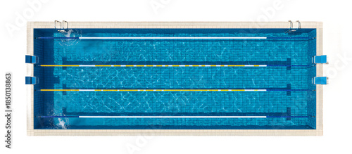 Top view of a rectangular luxury swimming pool with blue water lanes and wooden deck isolated on a transparent background