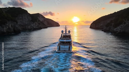 Beautiful sunset over the sea and river with boats on calm water, orange sky, silhouettes, and a peaceful coastal landscape