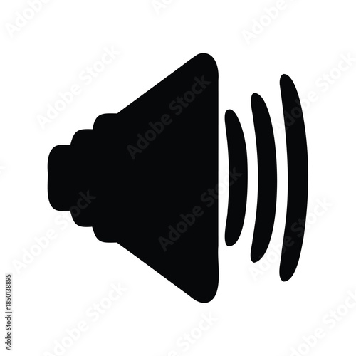 Black silhouette of a speaker emitting sound waves on a white background