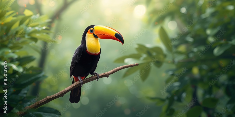 Fototapeta premium Bright toucan sitting on a branch in tropical foliage, highlighting bird diversity, World Bird Day
