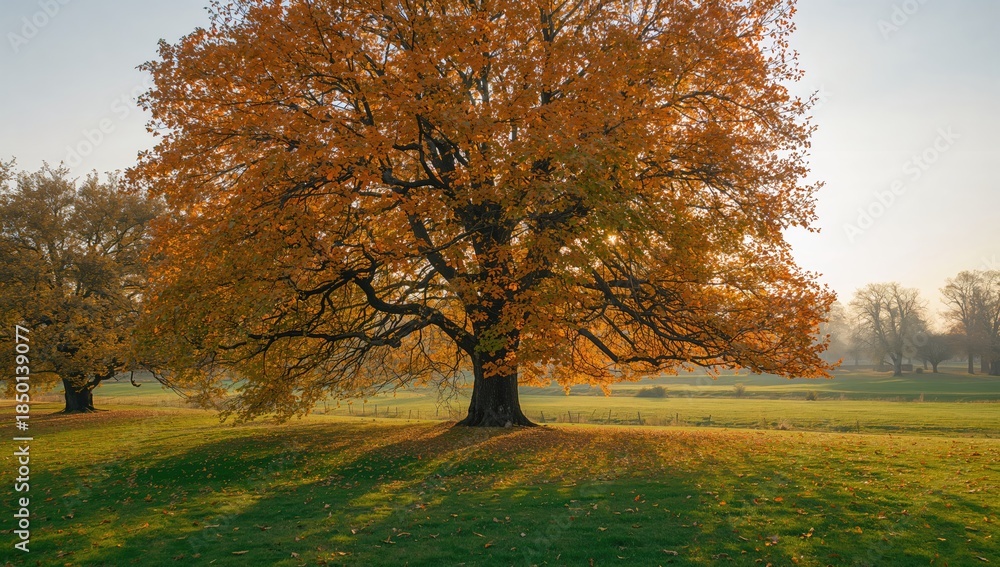 Fototapeta premium Autumn park scene with colorful leaves and mature trees, suitable as a nature-themed UI backdrop, Earth Day