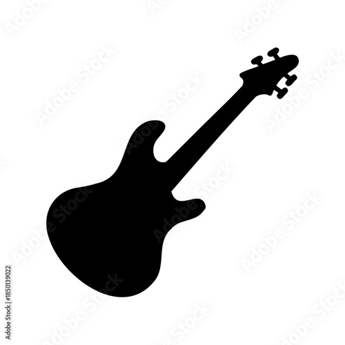 Silhouette of a four stringed bass guitar against a white background