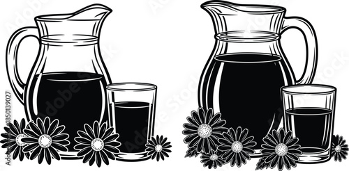 Black and white illustration of juice pitcher, full glass, daisy flower arrangement