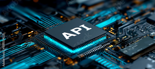 API technology integration concept in circuit board background. Concept of software development and digital innovation