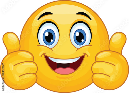 Yellow smiley face emoji giving two thumbs up with a wide smile and big blue eyes Keywords: emoji, smiley, face, yellow, happy