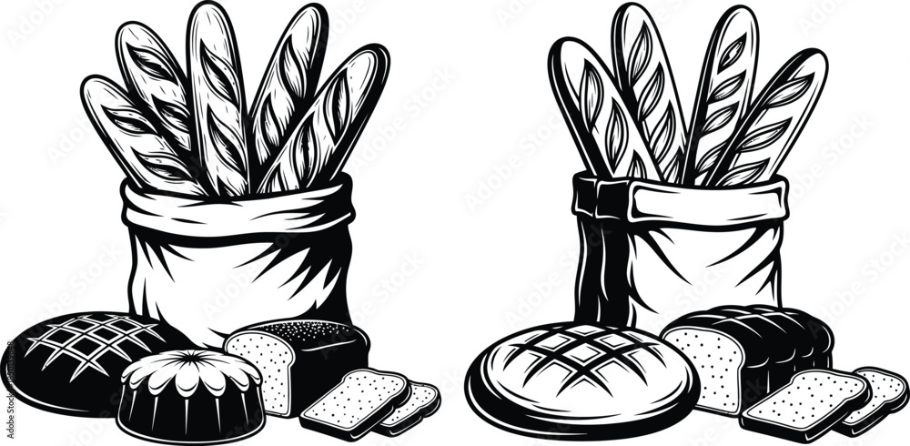 Obraz premium Black and white of baguettes in a bag with various bread types