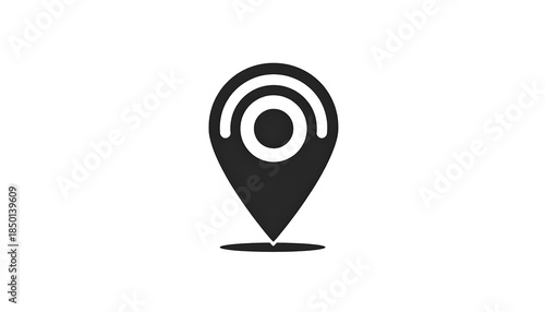 A black location pin icon with concentric circles emanating from a central dot, set against a pristine white background