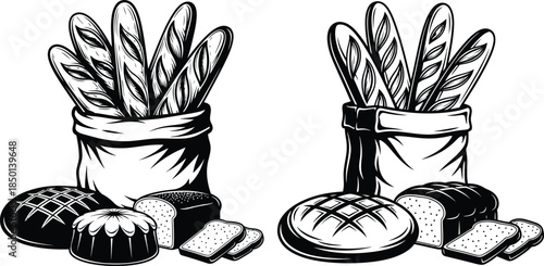 Black and white of baguettes in a bag with various bread types