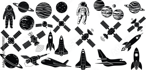 Black and white space set with astronaut, planets, rockets, and satellites in flat style