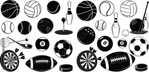 Black and white sports equipment collection including balls, darts, hockey puck, and more in simple style