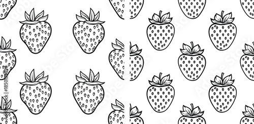 Black and white strawberry seamless pattern with halved fruit, food illustration vector
