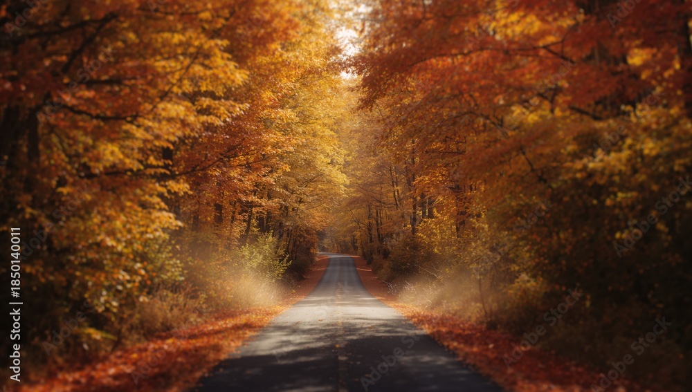 Obraz premium Autumn woodland pathway with bright fall leaves, illustrating seasonal landscape dynamics