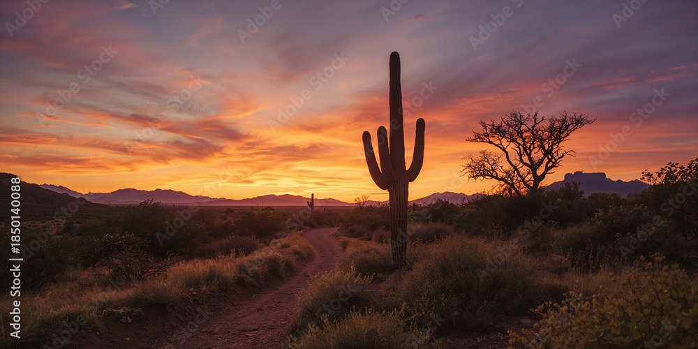 Obraz premium Sunset over arid desert landscape with colorful sky and sparse vegetation, ideal for nature-themed layouts
