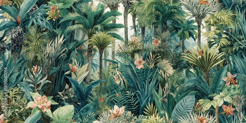 Repeated tropical plant design with dense jungle trees ideal for nature-themed textile printing