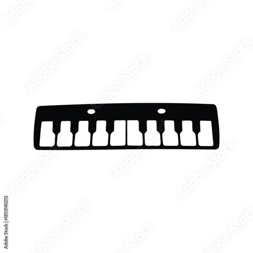 Stylized black and white keyboard with several octaves in silhouette representation