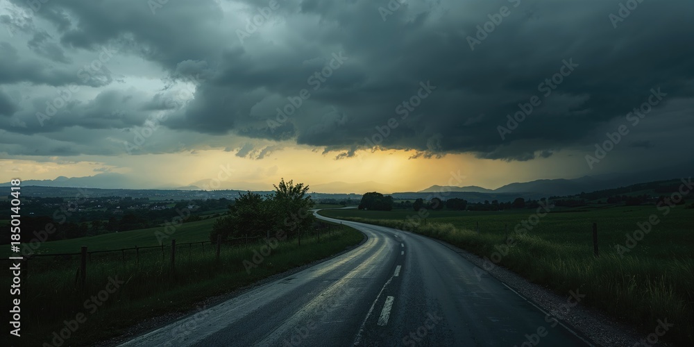 Obraz premium Rural landscape featuring a stormy sky and a rural road highlighting weather exposure