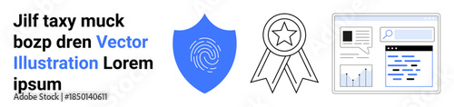 Cybersecurity, identity authentication, online verification, quality assurance, data monitoring, tech services. Blue shield with fingerprint, ribbon badge data dashboard. Cybersecurity and identity