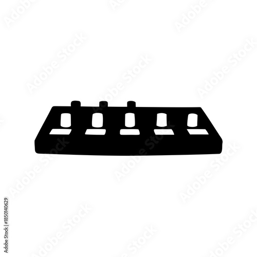 Minimalist black and white silhouette of a synthesizer or audio mixing console
