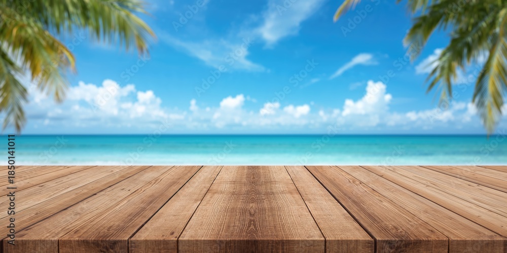 Naklejka premium Landscape wallpaper background featuring a broad dining board on a wooden surface outside with serene blue sky