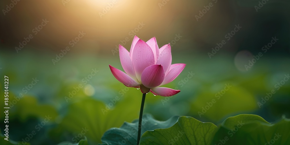 Fototapeta premium Morning-lit lotus flower in calm water, natural serenity and seasonal bloom awareness