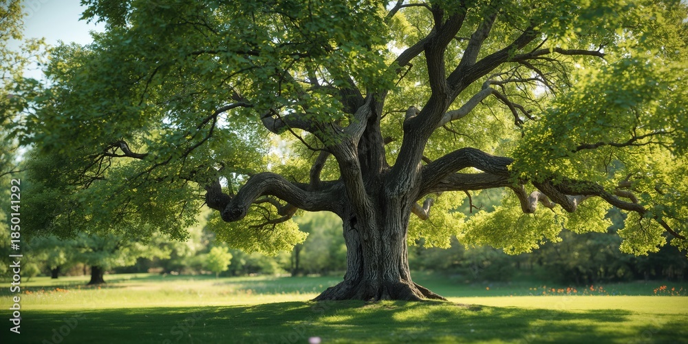 Naklejka premium Large silver maple in full spring foliage within a park landscape, highlighting seasonal renewal
