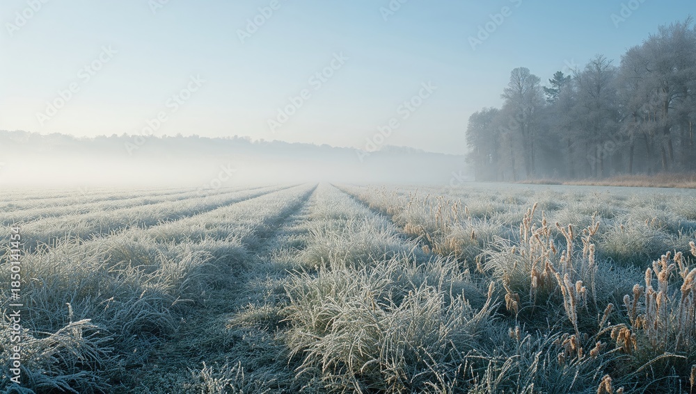Naklejka premium Sunlit winter scene with frost-laden vegetation and a distant forest, seasonal transition