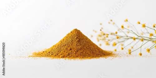 Fototapeta Naklejka Na Ścianę i Meble -  Isolated ground mustard mound on white background for spice label layout, herbs and spices theme