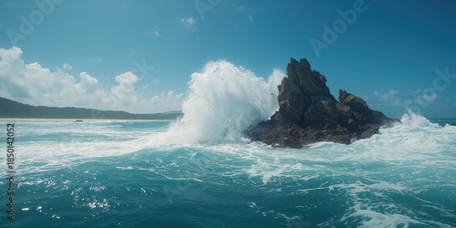 Fototapeta Naklejka Na Ścianę i Meble -  Seascape with surf hitting rocky shoreline, highlighting erosion processes in natural coastal environments