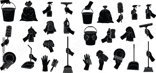 Black silhouette collection of hands holding cleaning supplies, illustration set for cleaning services