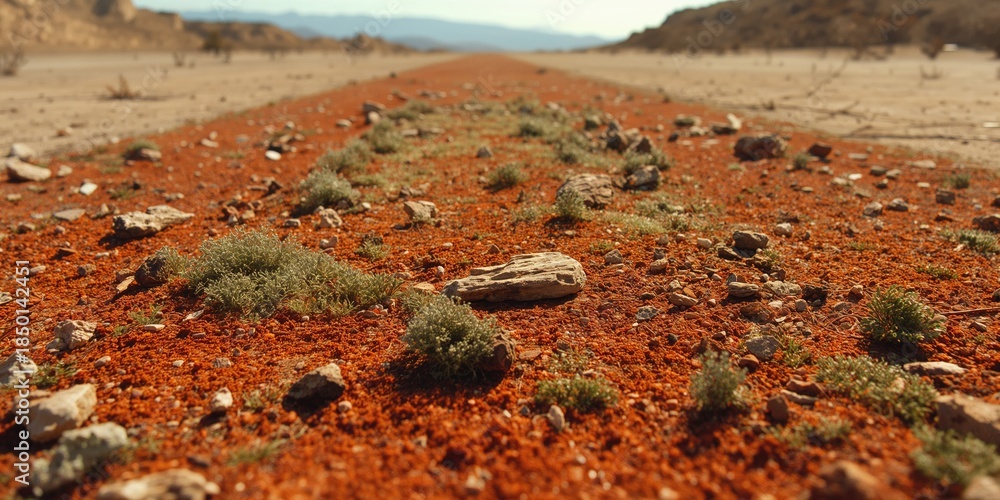 Obraz premium Red soil and rocky ground with minimal moss, ideal for outdoor layout or garden setting