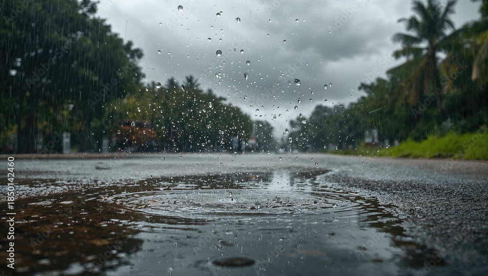 Obraz premium Public park during heavy rain with water spray and ripples in puddles, highlighting climate impact, Earth Day