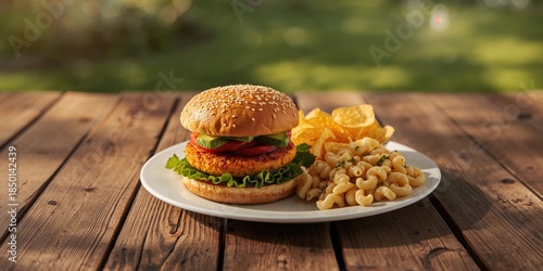 Vegetarian burger with macaroni salad and potato chips on a plate, highlighting meatless dining choices