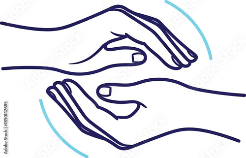 Simple line art icon depicting two hands interacting or exchanging something in a circular protective motion