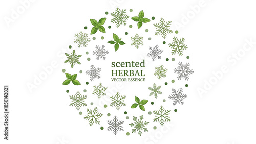 Scented herbal vector essence with floral snowflakes