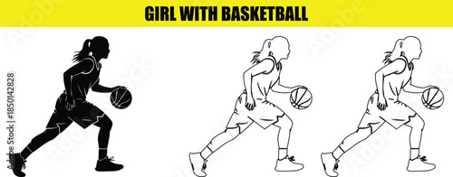 Graphic illustration of a girl dribbling a basketball in silhouette and line art styles