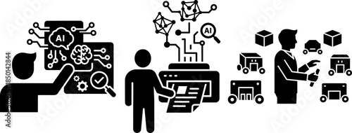 Figures interacting with AI concepts, printing, and 3D objects artificial intelligence technology