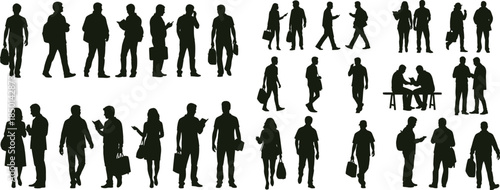 Black silhouettes of diverse people in urban settings, standing, walking, and sitting