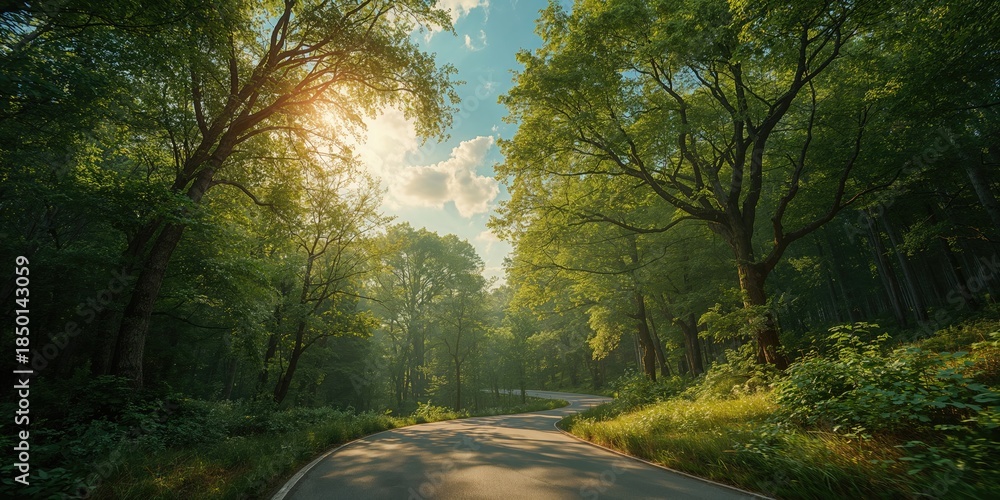 Naklejka premium Summer scene of a forest path with dense trees and overcast sky, highlighting seasonal vegetation and landscape preservation
