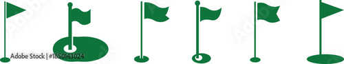 Golf Flag Flat Style Vector Icon Set, Course Marker Symbol Collection and Sports Outline Graphic Group Featuring Hole Flag, Pin Elements in Minimal Design